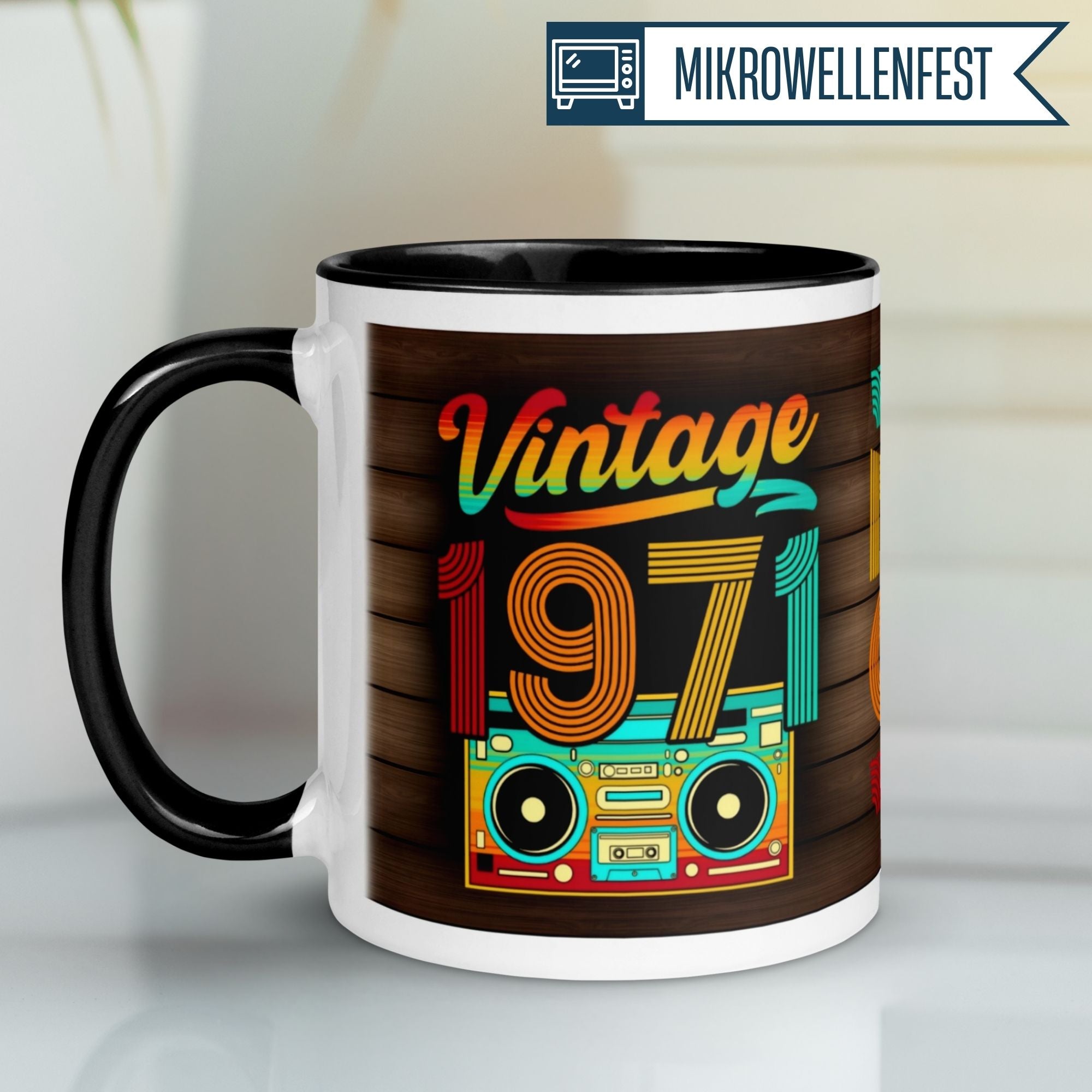 Vintage 1971 birthday mug with colorful retro design for 54th birthday celebrations.