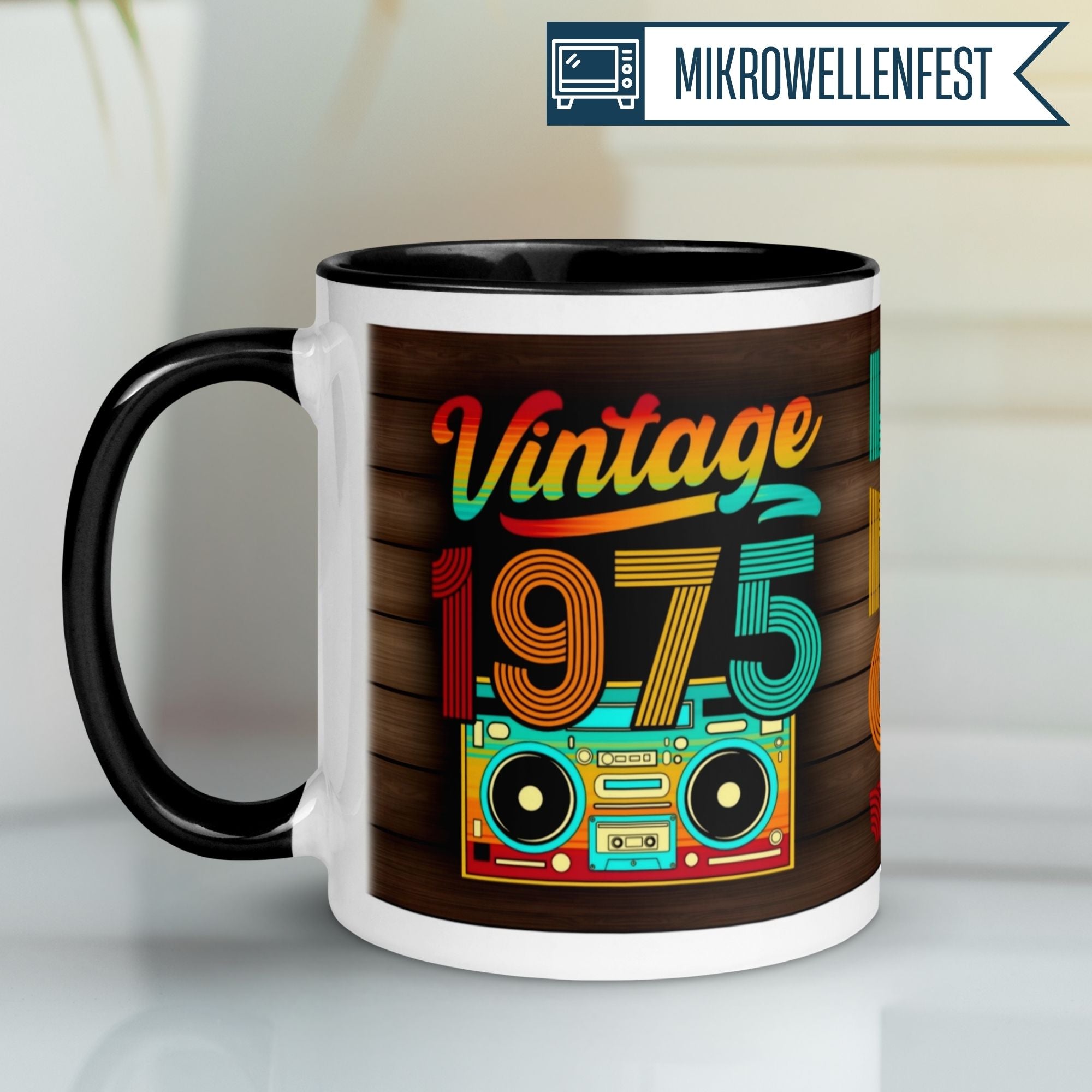 Vintage 1975 birthday mug with colorful retro boombox design, perfect for 50th birthday celebrations.